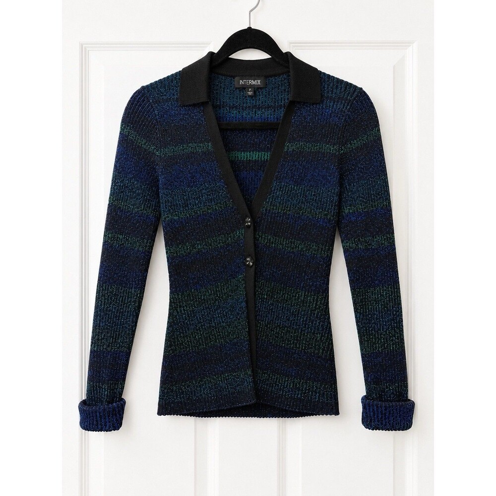 INTERMIX  Knit Fall & Winter Sweater Blue/Green/Black Collared Button P EUC